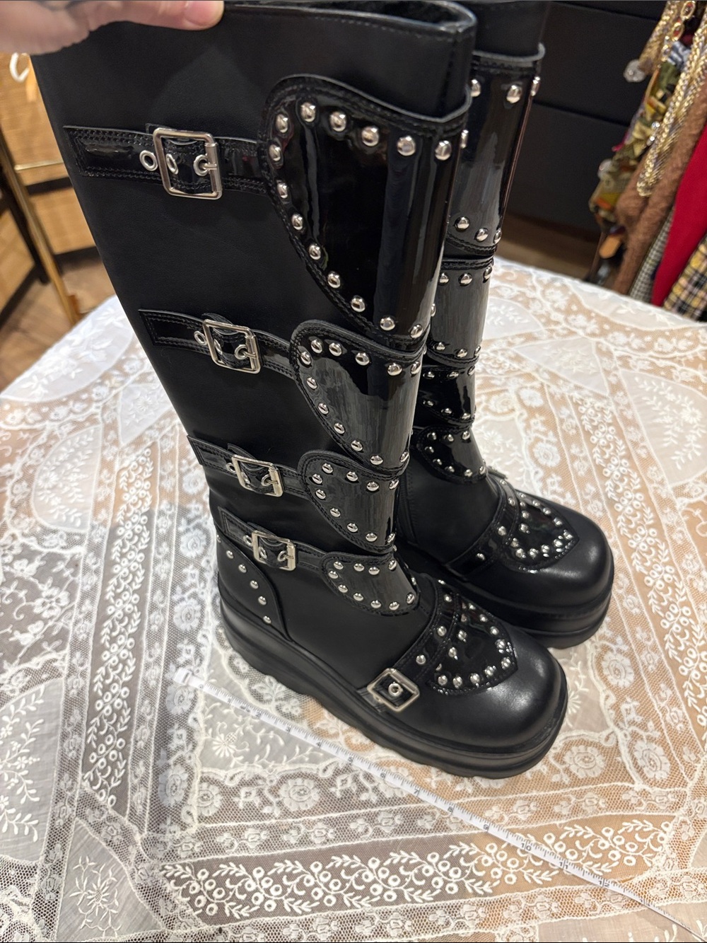 Black Studded Knee-High Buckle Boots
